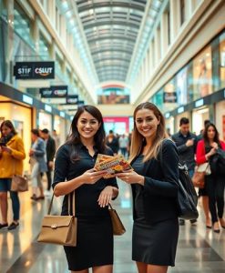 azafatas de imagen entreganfo folletos en un supermercado