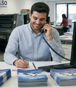 profesional de organizacion de campañas de buzoneo hablando por telefono