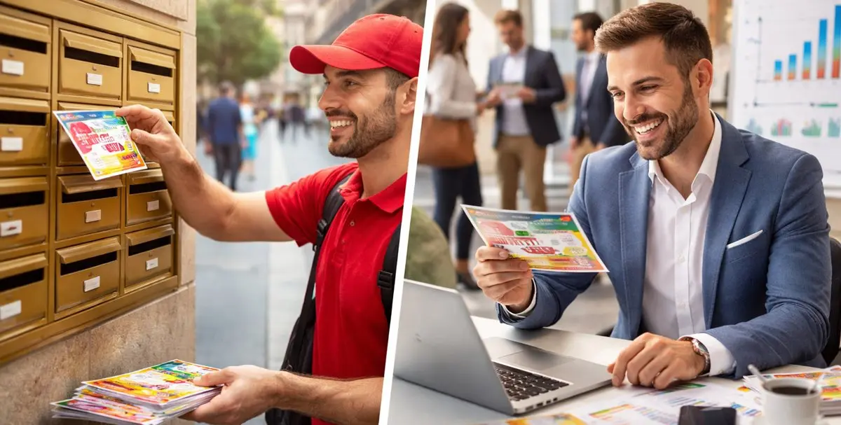 Imagen que combina un repartidore de foleltos de buzoneo en Barcelona con la imagen de un empresario contento de realizar esta publicidad por los buenos resultados obtenidos, utilizada por www.open-buzoneo.com en un articulo