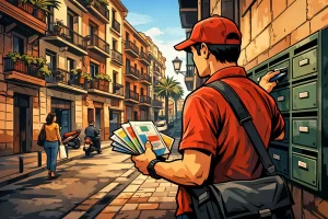 Imagen de repartidor de publicidad tipo buzoneo en formato comic, andando por las calles de Barcelona mientras realiza su trabajo